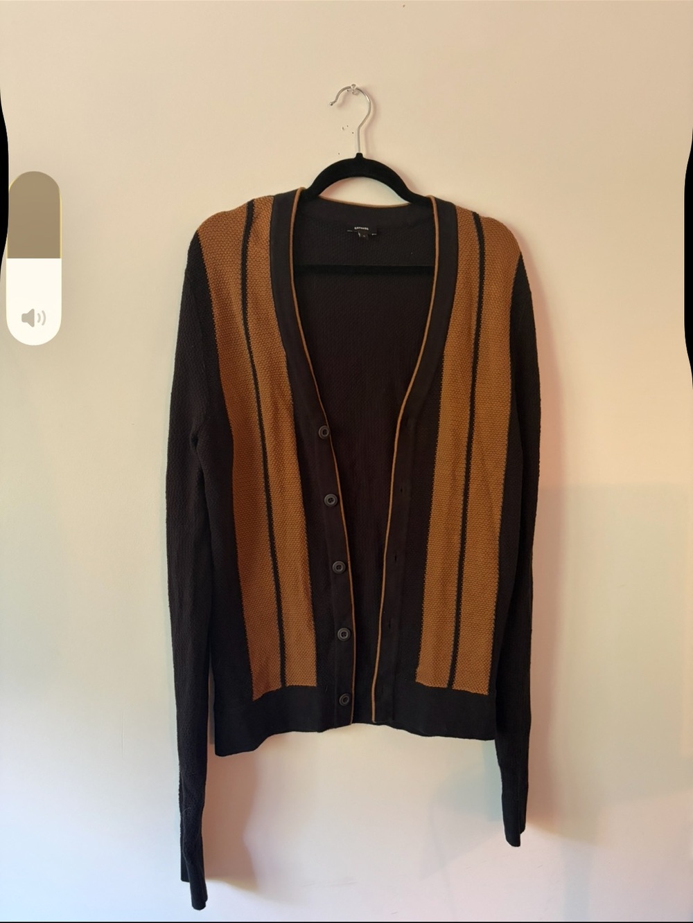 Express Men's Black and Brown Striped Button Front Down Cardigan Sweater